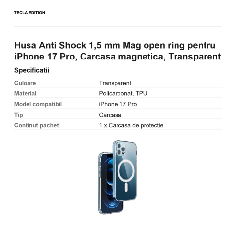 Husa Anti Shock 1,5 mm Mag open ring pentru iPhone 17 Pro, Carcasa magnetica, Transparent [2]