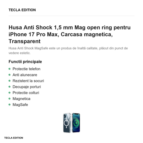 Husa Anti Shock 1,5 mm Mag open ring pentru iPhone 17 Pro Max, Carcasa magnetica, Transparent [1]