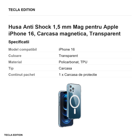 Husa Anti Shock 1,5 mm Mag pentru Apple iPhone 16, Carcasa magnetica, Transparent [2]
