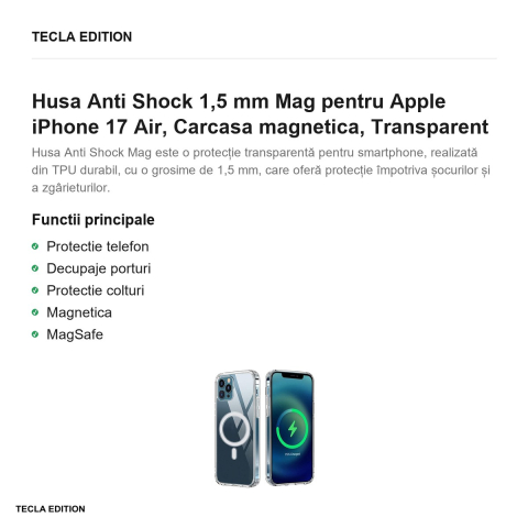 Husa Anti Shock 1,5 mm Mag pentru Apple iPhone 17 Air, Carcasa magnetica, Transparent [1]