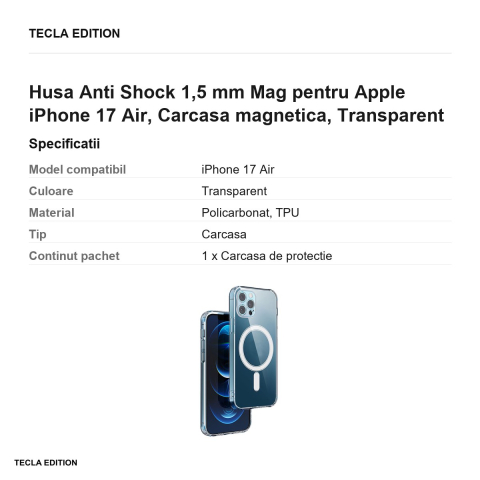 Husa Anti Shock 1,5 mm Mag pentru Apple iPhone 17 Air, Carcasa magnetica, Transparent [2]