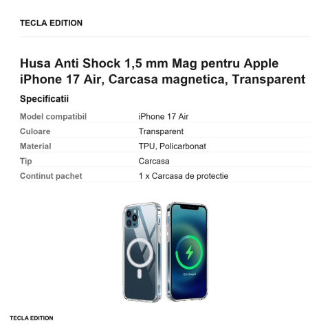 Husa Anti Shock 1,5 mm Mag pentru Apple iPhone 17 Air, Carcasa magnetica, Transparent [2]