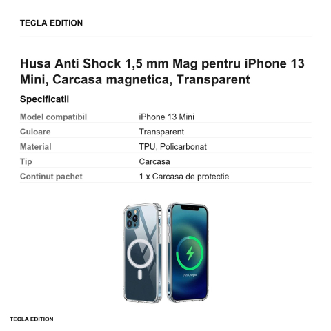 Husa Anti Shock 1,5 mm Mag pentru iPhone 13 Mini, Carcasa magnetica, Transparent [2]