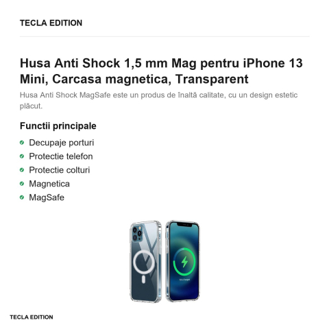 Husa Anti Shock 1,5 mm Mag pentru iPhone 13 Mini, Carcasa magnetica, Transparent [1]