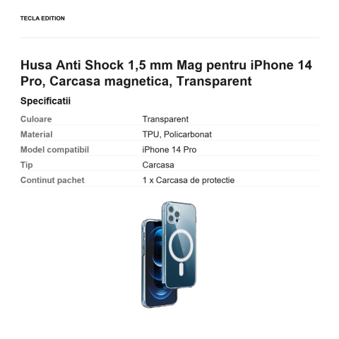 Husa Anti Shock 1,5 mm Mag pentru iPhone 14 Pro, Carcasa magnetica, Transparent [2]