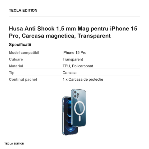 Husa Anti Shock 1,5 mm Mag pentru iPhone 15 Pro, Carcasa magnetica, Transparent [2]