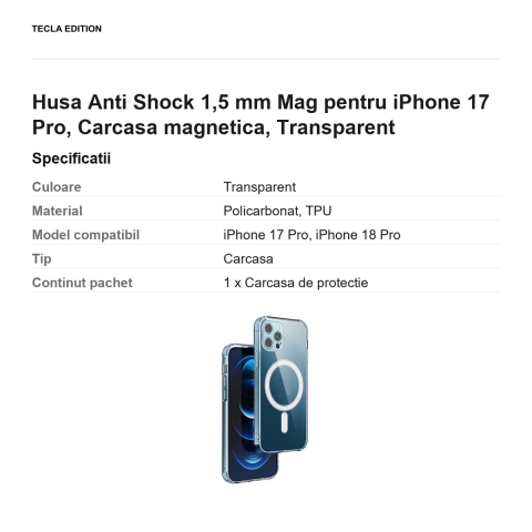 Husa Anti Shock 1,5 mm Mag pentru iPhone 17 Pro, Carcasa magnetica, Transparent [2]