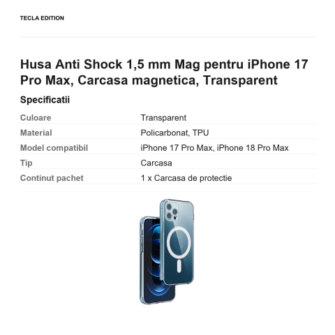 Husa Anti Shock 1,5 mm Mag pentru iPhone 17 Pro Max, Carcasa magnetica, Transparent [2]