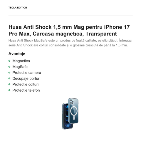 Husa Anti Shock 1,5 mm Mag pentru iPhone 17 Pro Max, Carcasa magnetica, Transparent [1]