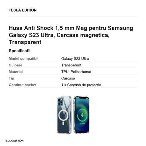 Husa Anti Shock 1,5 mm Mag pentru Samsung Galaxy S23 Ultra, Carcasa magnetica, Transparent [2]