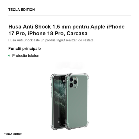 Husa Anti Shock 1,5 mm pentru Apple iPhone 17 Pro, iPhone 18 Pro, Carcasa, Transparent [1]