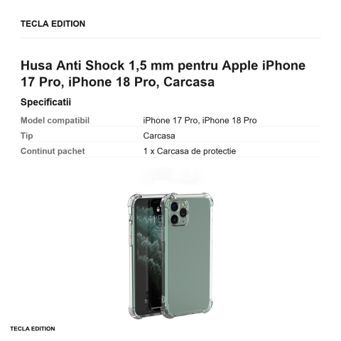 Husa Anti Shock 1,5 mm pentru Apple iPhone 17 Pro, iPhone 18 Pro, Carcasa, Transparent [2]