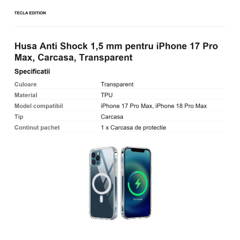 Husa Anti Shock 1,5 mm pentru iPhone 17 Pro Max, Carcasa, Transparent [2]