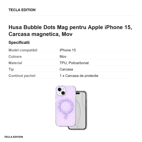 Husa Bubble Dots Mag pentru Apple iPhone 15, Carcasa magnetica, Mov [2]