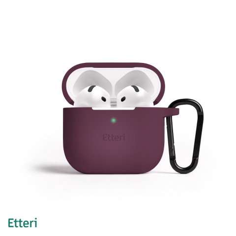 Casti - Husa casti Etteri pentru AirPods 4 dark cherry, carabinier pentru prindere, incarcare wireless, silicon, grosime 2 mm, Visiniu