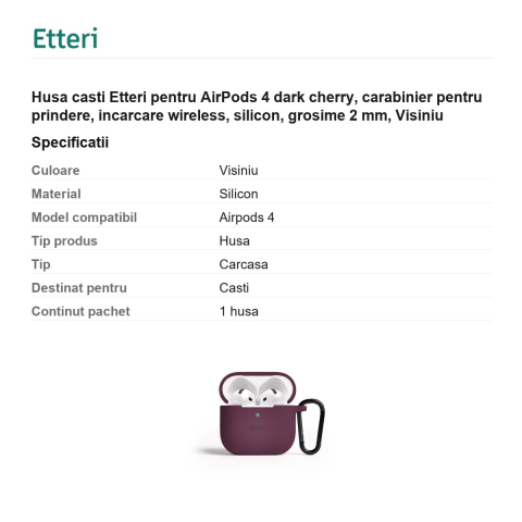 Husa casti Etteri pentru AirPods 4 dark cherry, carabinier pentru prindere, incarcare wireless, silicon, grosime 2 mm, Visiniu [2]