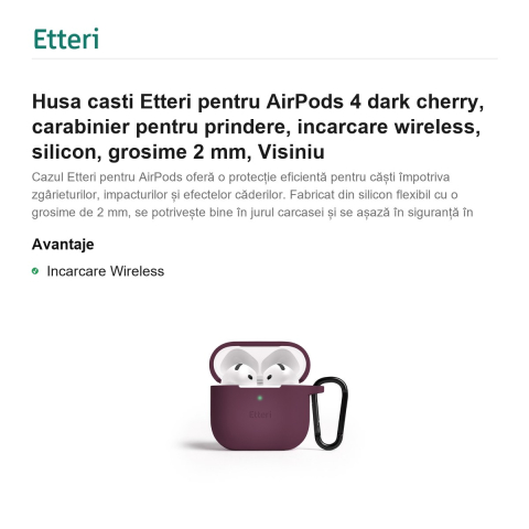 Husa casti Etteri pentru AirPods 4 dark cherry, carabinier pentru prindere, incarcare wireless, silicon, grosime 2 mm, Visiniu [1]