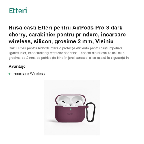 Husa casti Etteri pentru AirPods Pro 3 dark cherry, carabinier pentru prindere, incarcare wireless, silicon, grosime 2 mm, Visiniu [1]
