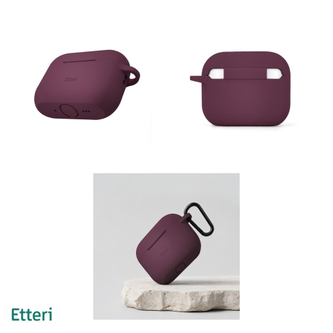 Husa casti Etteri pentru AirPods Pro 3 dark cherry, carabinier pentru prindere, incarcare wireless, silicon, grosime 2 mm, Visiniu [3]