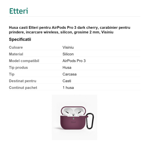 Husa casti Etteri pentru AirPods Pro 3 dark cherry, carabinier pentru prindere, incarcare wireless, silicon, grosime 2 mm, Visiniu [2]