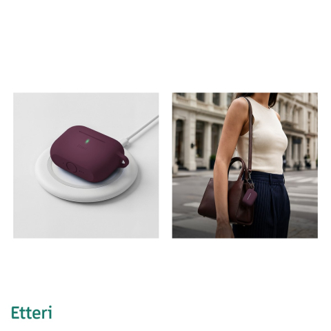 Husa casti Etteri pentru AirPods Pro 3 dark cherry, carabinier pentru prindere, incarcare wireless, silicon, grosime 2 mm, Visiniu [4]