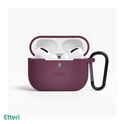 Casti - Husa casti Etteri pentru AirPods Pro 3 dark cherry, carabinier pentru prindere, incarcare wireless, silicon, grosime 2 mm, Visiniu
