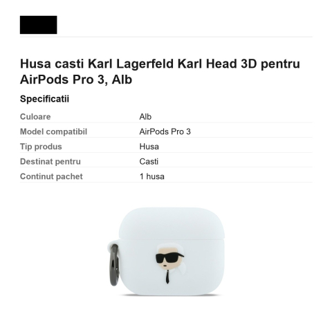 Husa casti Karl Lagerfeld Karl Head 3D pentru AirPods Pro 3, Alb [2]