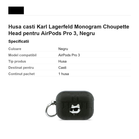 Husa casti Karl Lagerfeld Monogram Choupette Head pentru AirPods Pro 3, Negru [2]