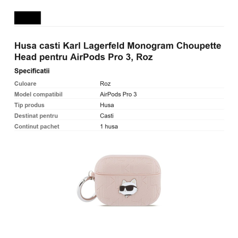 Husa casti Karl Lagerfeld Monogram Choupette Head pentru AirPods Pro 3, Roz [2]