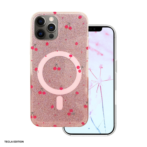 Huse telefoane - Husa Cherry Mag glitter pentru Apple iPhone 12 Pro, iPhone 12, Carcasa magnetica, Roz