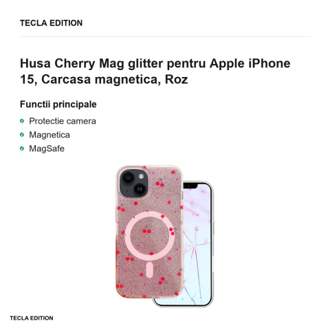 Husa Cherry Mag glitter pentru Apple iPhone 15, Carcasa magnetica, Roz [1]