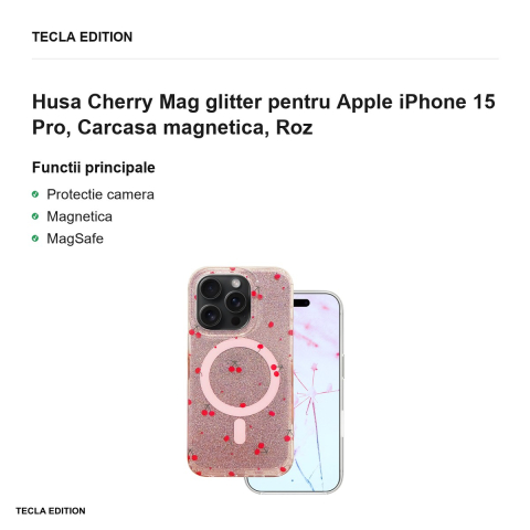 Husa Cherry Mag glitter pentru Apple iPhone 15 Pro, Carcasa magnetica, Roz [1]