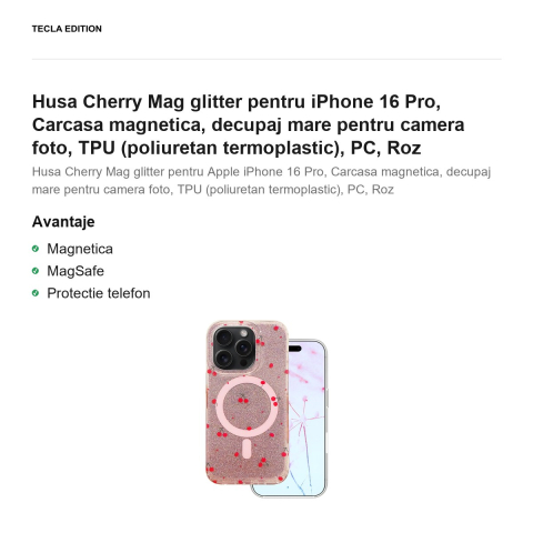 Husa Cherry Mag glitter pentru iPhone 16 Pro, Carcasa magnetica, decupaj mare pentru camera foto, TPU (poliuretan termoplastic), PC, Roz [1]