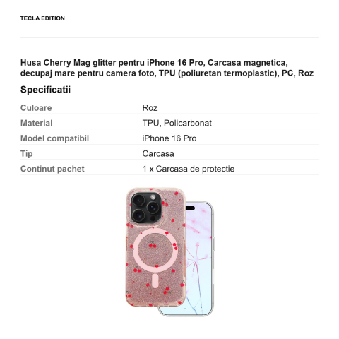 Husa Cherry Mag glitter pentru iPhone 16 Pro, Carcasa magnetica, decupaj mare pentru camera foto, TPU (poliuretan termoplastic), PC, Roz [2]