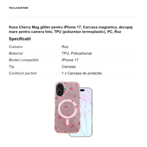 Husa Cherry Mag glitter pentru iPhone 17, Carcasa magnetica, decupaj mare pentru camera foto, TPU (poliuretan termoplastic), PC, Roz [2]