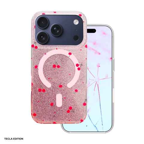 Huse telefoane - Husa Cherry Mag glitter pentru iPhone 17 Pro, Carcasa magnetica, decupaj mare pentru camera foto, TPU (poliuretan termoplastic), PC, Roz
