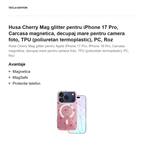 Husa Cherry Mag glitter pentru iPhone 17 Pro, Carcasa magnetica, decupaj mare pentru camera foto, TPU (poliuretan termoplastic), PC, Roz [1]