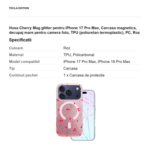Husa Cherry Mag glitter pentru iPhone 17 Pro Max, Carcasa magnetica, decupaj mare pentru camera foto, TPU (poliuretan termoplastic), PC, Roz [2]