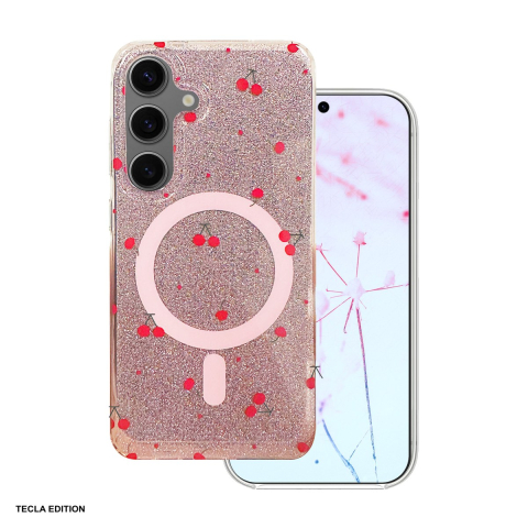 Huse si protectii pentru Samsung - Husa Cherry Mag glitter pentru Samsung Galaxy S24, Carcasa magnetica, decupaj mare pentru camera foto, TPU (poliuretan termoplastic), PC, Roz