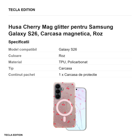 Husa Cherry Mag glitter pentru Samsung Galaxy S26, Carcasa magnetica, Roz [2]