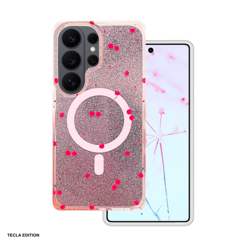 Huse si protectii pentru Samsung - Husa Cherry Mag glitter pentru Samsung Galaxy S26 Ultra, Carcasa magnetica, decupaj mare pentru camera foto, TPU (poliuretan termoplastic), PC, Roz
