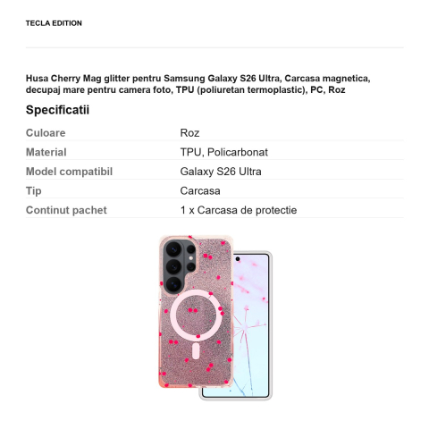 Husa Cherry Mag glitter pentru Samsung Galaxy S26 Ultra, Carcasa magnetica, decupaj mare pentru camera foto, TPU (poliuretan termoplastic), PC, Roz [2]
