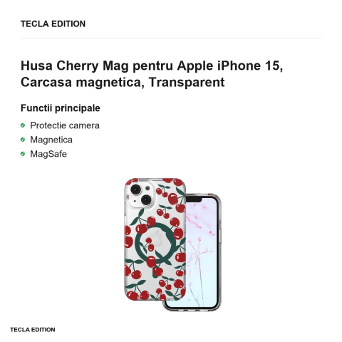 Husa Cherry Mag pentru Apple iPhone 15, Carcasa magnetica, Transparent [1]