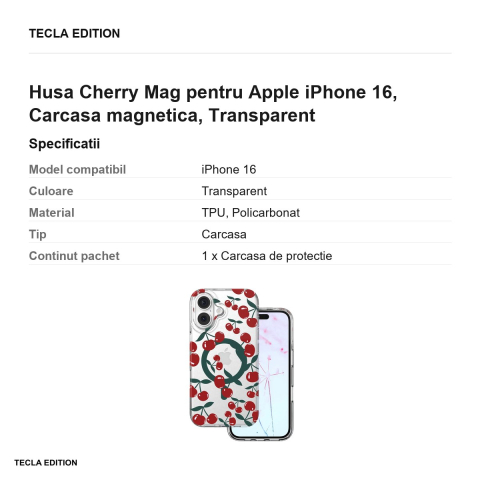 Husa Cherry Mag pentru Apple iPhone 16, Carcasa magnetica, Transparent [2]