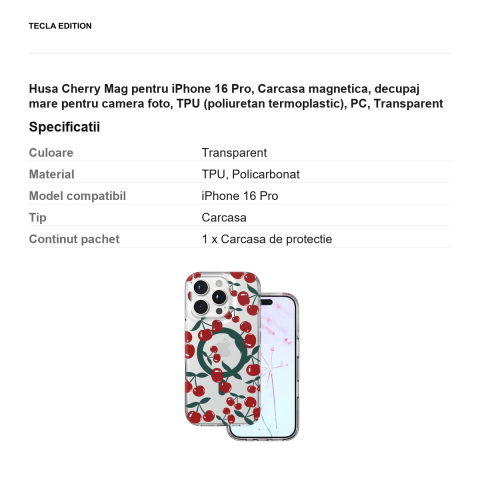 Husa Cherry Mag pentru iPhone 16 Pro, Carcasa magnetica, decupaj mare pentru camera foto, TPU (poliuretan termoplastic), PC, Transparent [2]