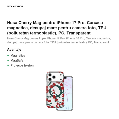 Husa Cherry Mag pentru iPhone 17 Pro, Carcasa magnetica, decupaj mare pentru camera foto, TPU (poliuretan termoplastic), PC, Transparent [1]