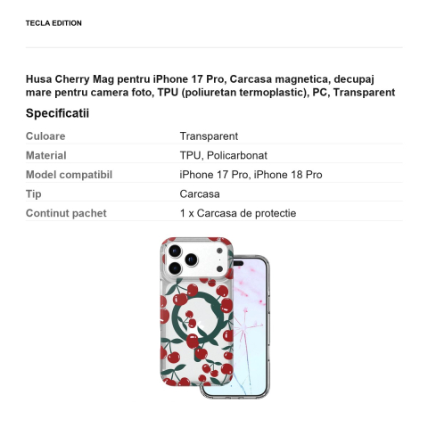Husa Cherry Mag pentru iPhone 17 Pro, Carcasa magnetica, decupaj mare pentru camera foto, TPU (poliuretan termoplastic), PC, Transparent [2]
