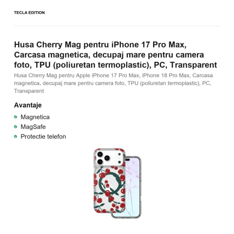 Husa Cherry Mag pentru iPhone 17 Pro Max, Carcasa magnetica, decupaj mare pentru camera foto, TPU (poliuretan termoplastic), PC, Transparent [1]