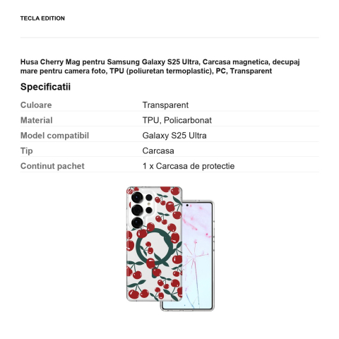 Husa Cherry Mag pentru Samsung Galaxy S25 Ultra, Carcasa magnetica, decupaj mare pentru camera foto, TPU (poliuretan termoplastic), PC, Transparent [2]