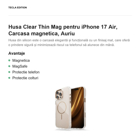 Husa Clear Thin Mag pentru iPhone 17 Air, Carcasa magnetica, Auriu [1]
